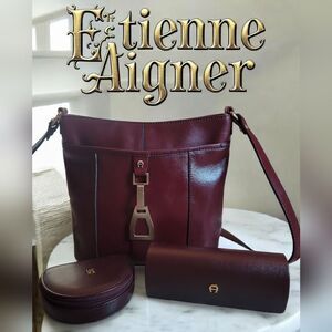 Etienne Aigner Vintage Burgundy Leather Crossbody Bag,Jewelry And Sunglass Case